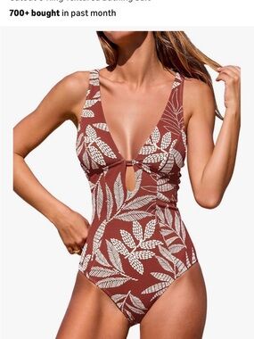 Women's Brown Leaf-Print One-Piece Swimsuit with Deep V